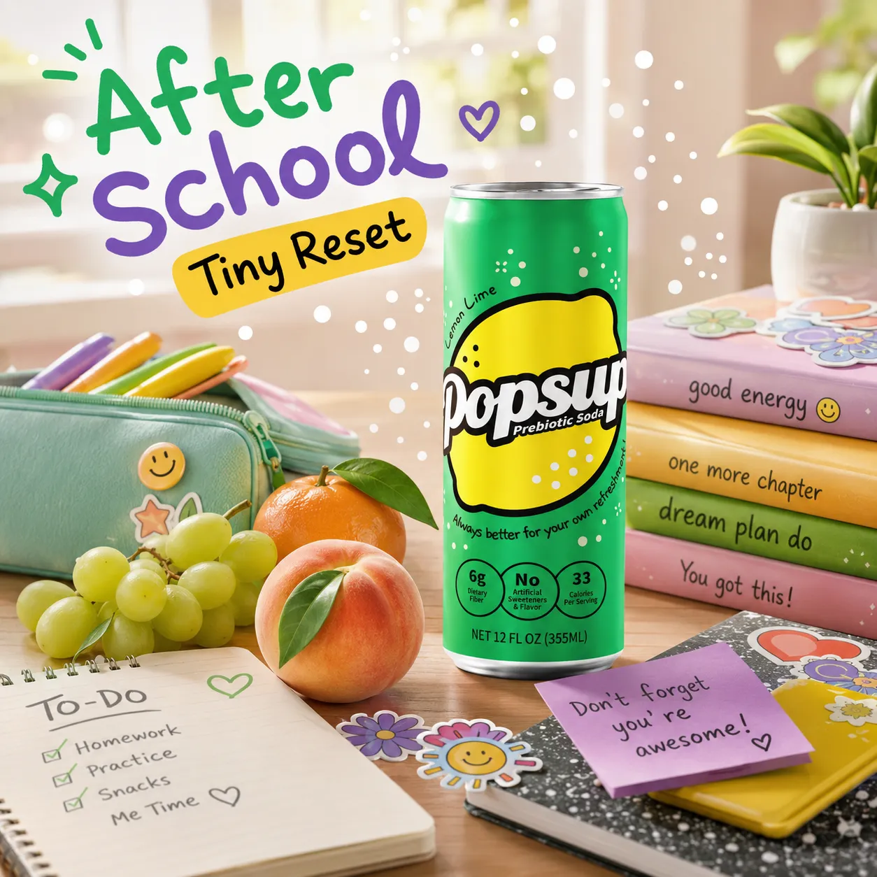 POPSUP brand art: flavor worlds with fruit, fizz, bubbles, and playful soda graphics