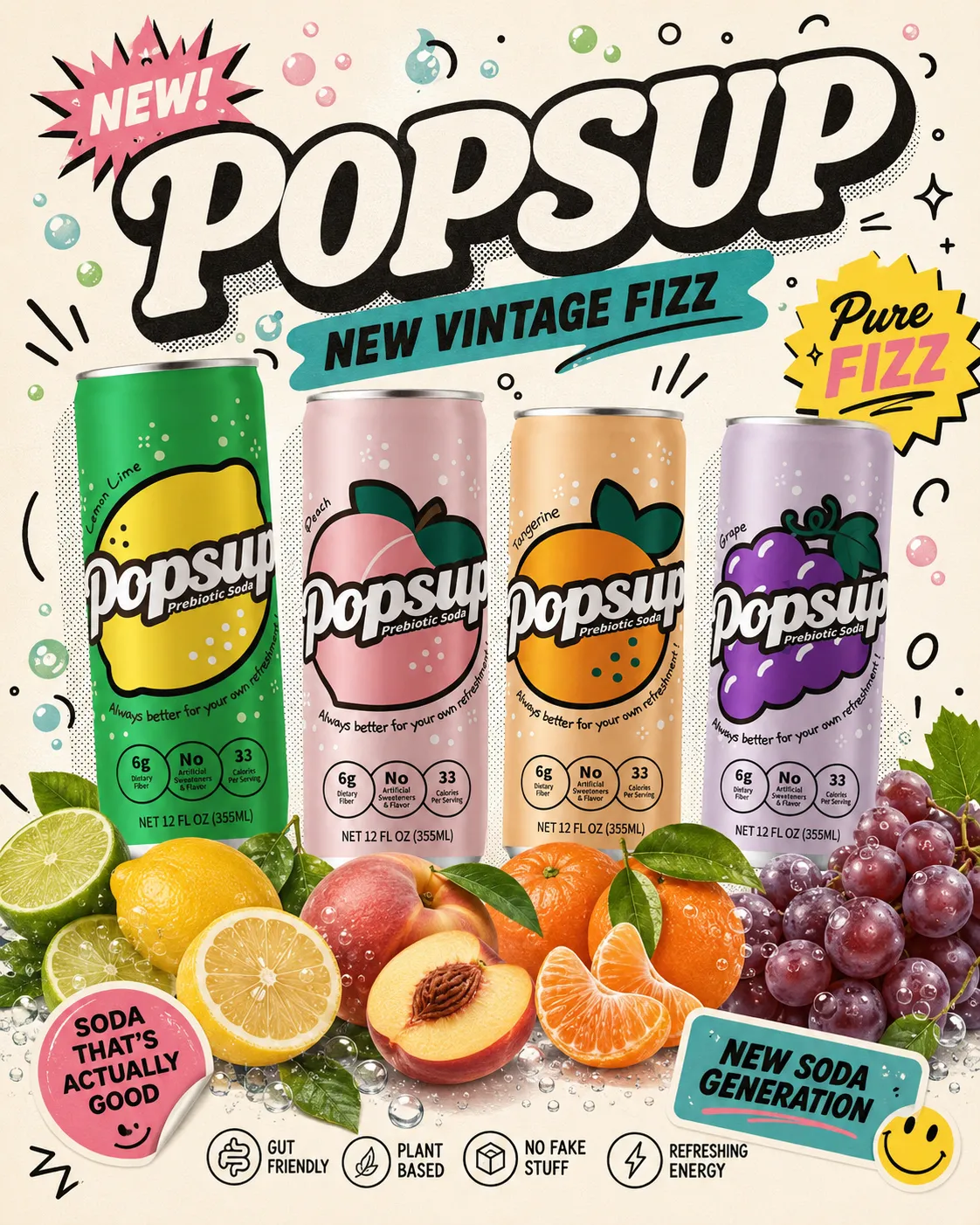 POPSUP brand art: lifestyle with fruit, fizz, bubbles, and playful soda graphics