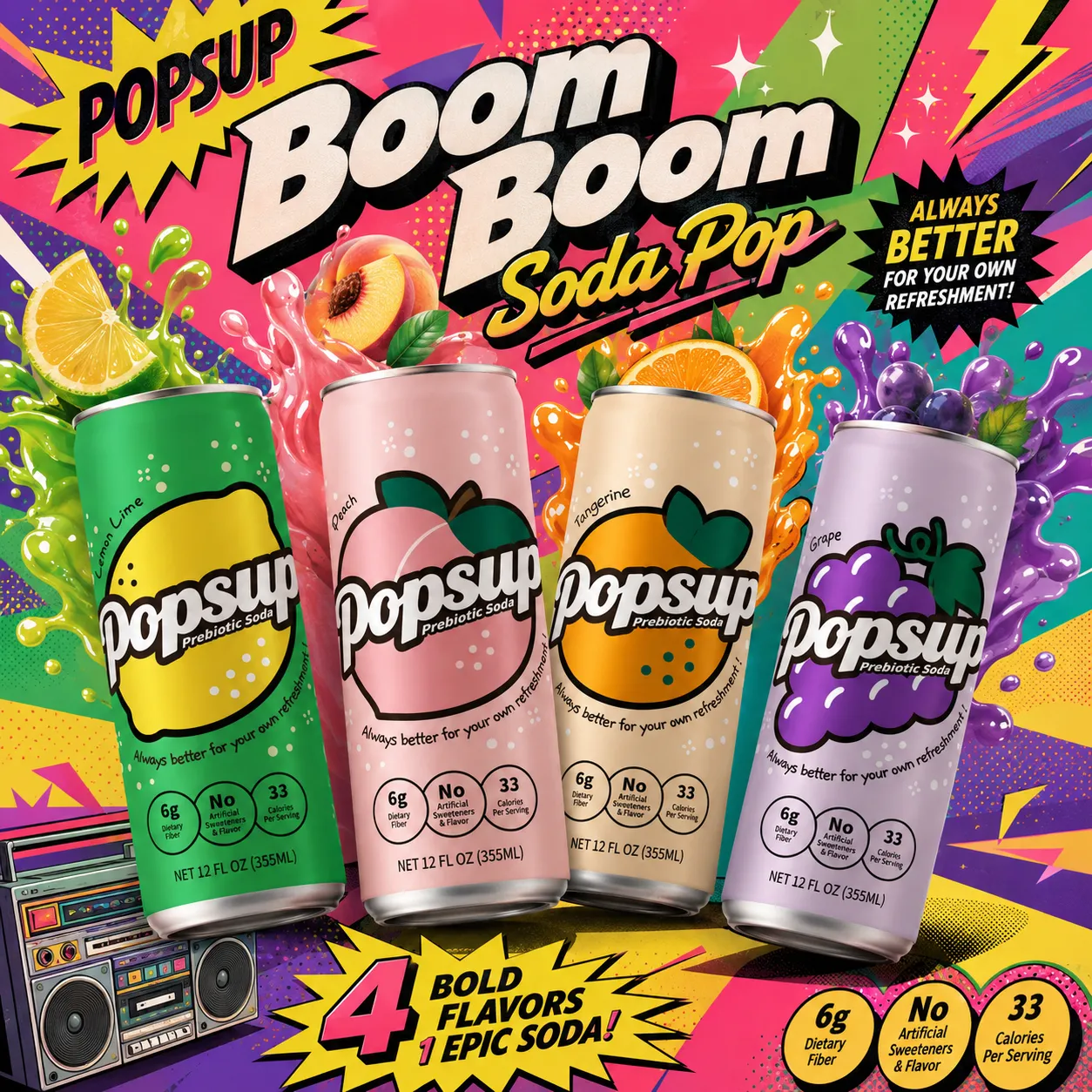 POPSUP brand art: campaigns with fruit, fizz, bubbles, and playful soda graphics