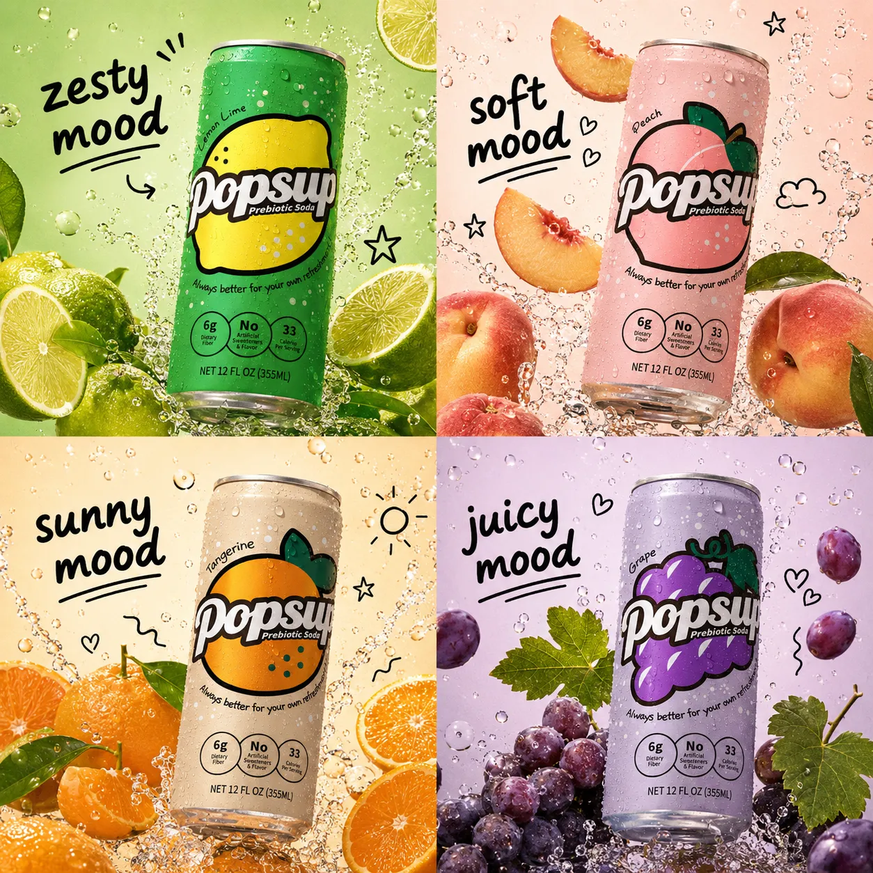 POPSUP brand art: lifestyle with fruit, fizz, bubbles, and playful soda graphics