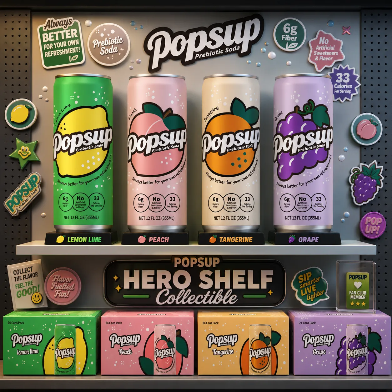 POPSUP brand art: posters with fruit, fizz, bubbles, and playful soda graphics