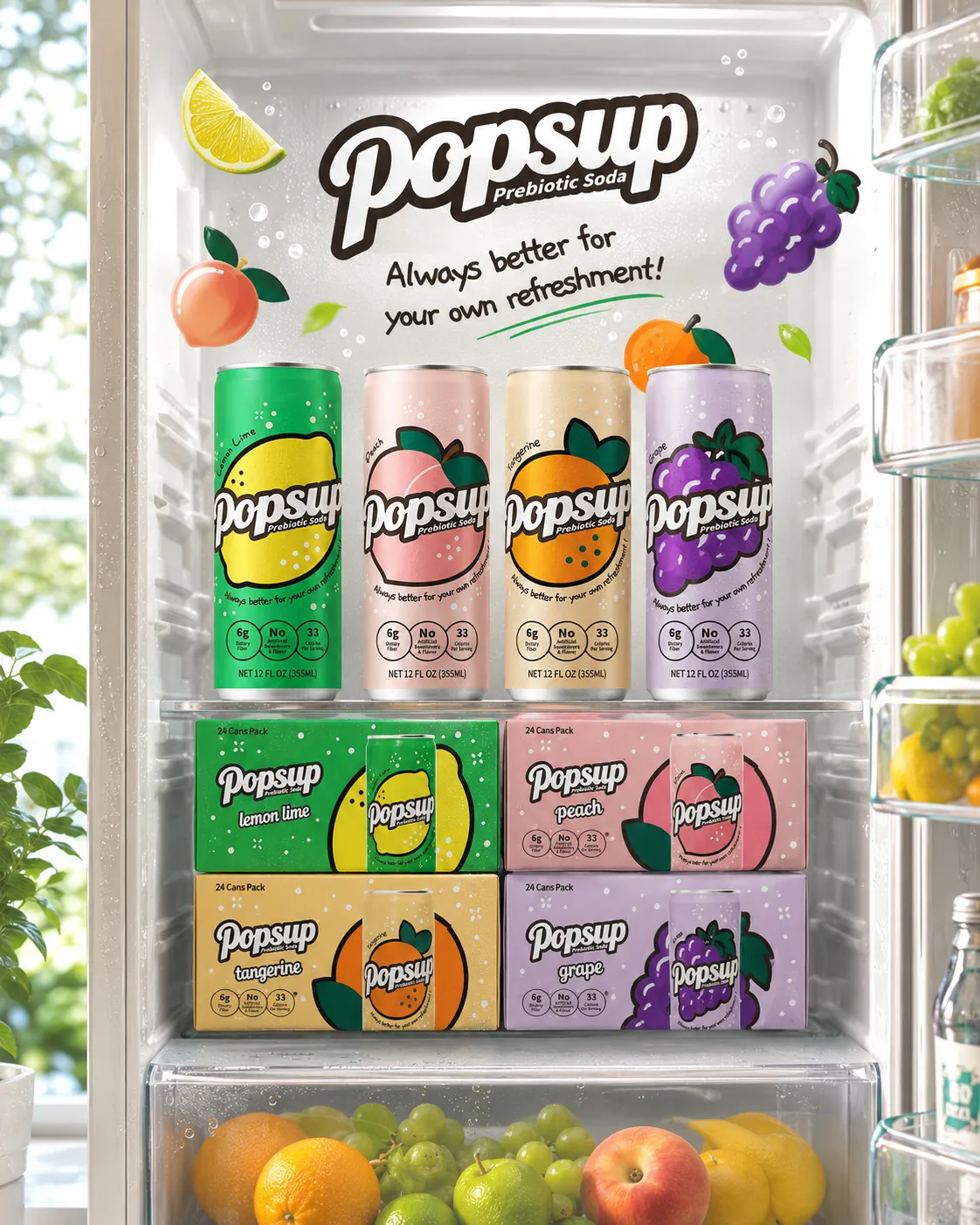 POPSUP brand art: campaigns with fruit, fizz, bubbles, and playful soda graphics