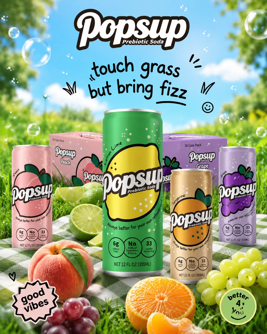 POPSUP brand art: lifestyle with fruit, fizz, bubbles, and playful soda graphics