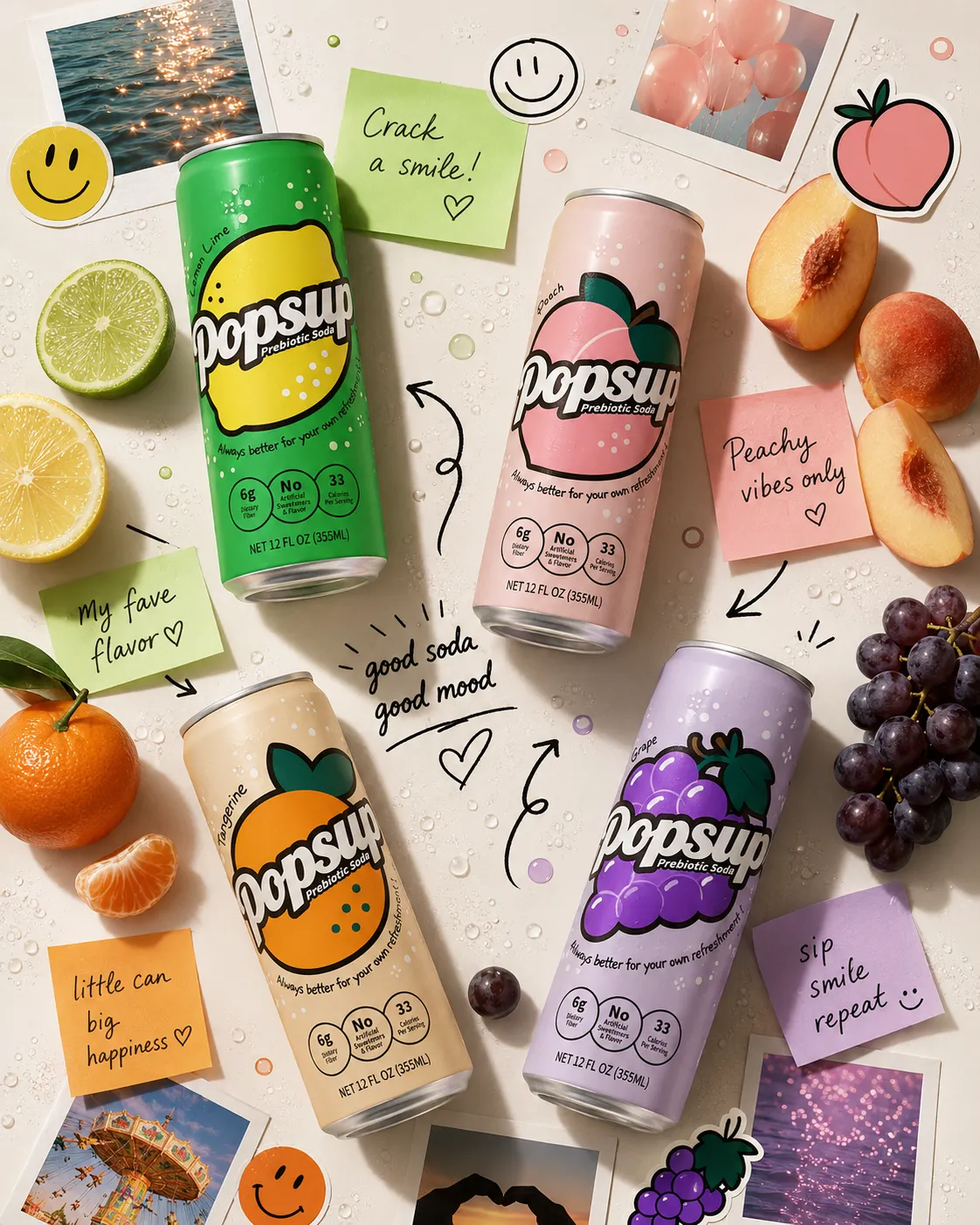POPSUP brand art: posters with fruit, fizz, bubbles, and playful soda graphics