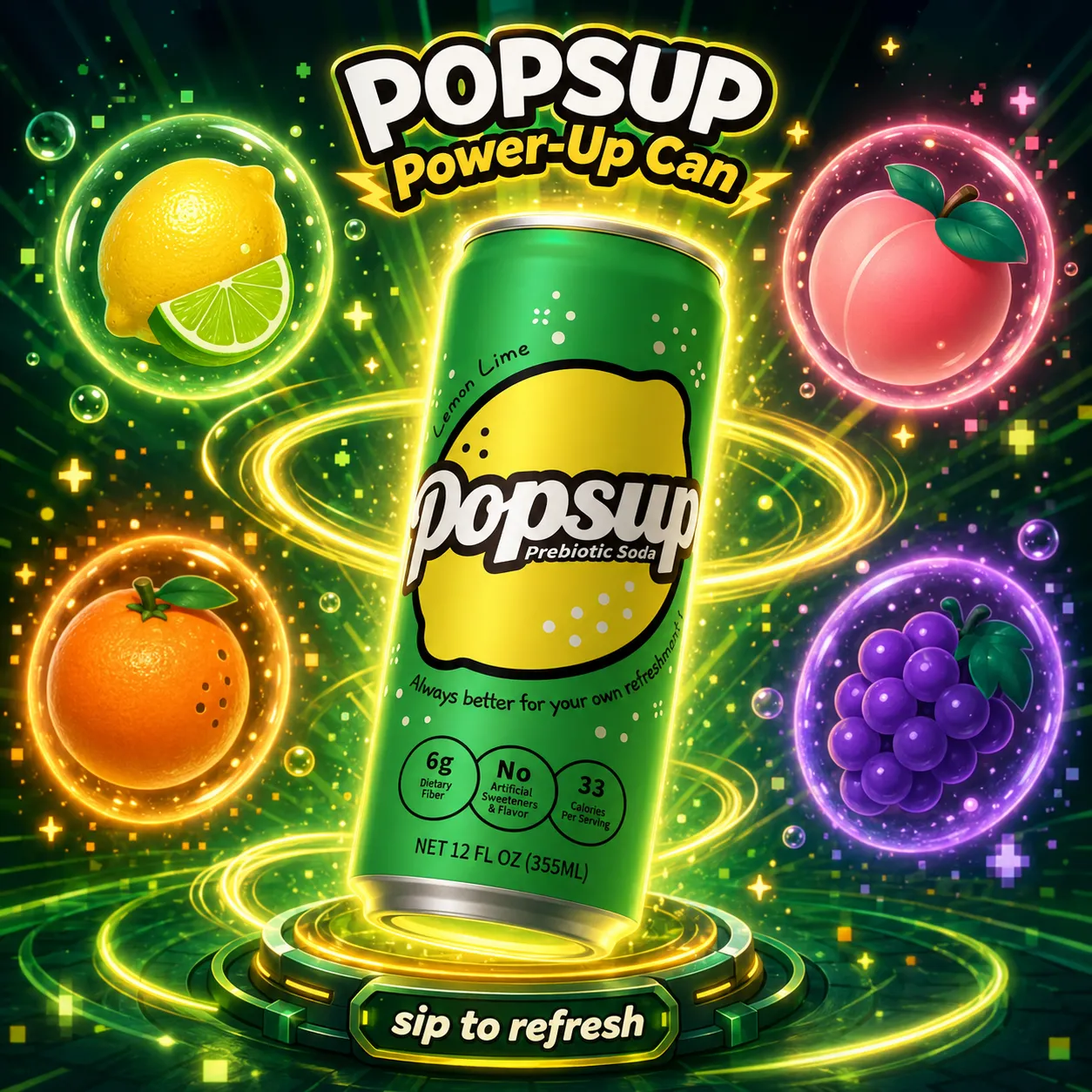 POPSUP brand art: stickers with fruit, fizz, bubbles, and playful soda graphics