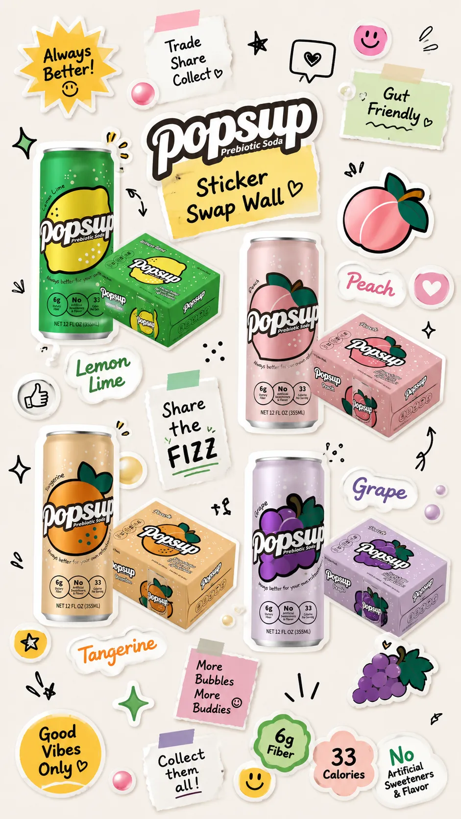 POPSUP brand art: flavor worlds with fruit, fizz, bubbles, and playful soda graphics