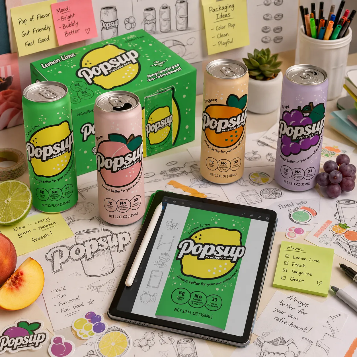 POPSUP brand art: stickers with fruit, fizz, bubbles, and playful soda graphics
