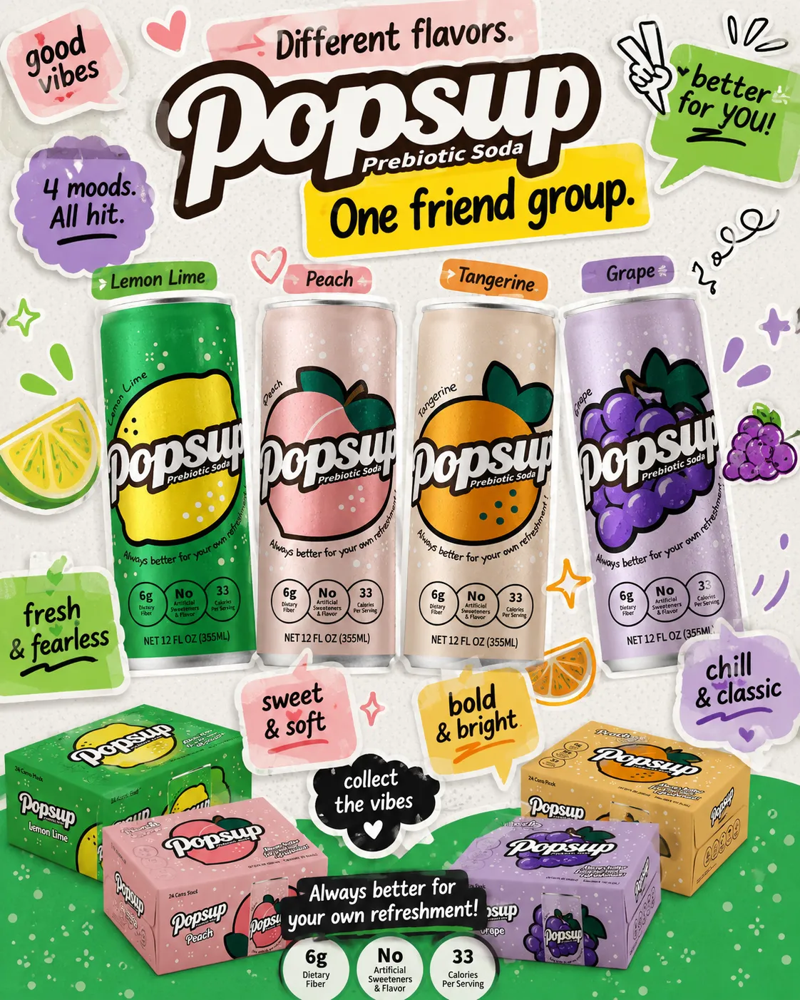 POPSUP brand art: flavor worlds with fruit, fizz, bubbles, and playful soda graphics