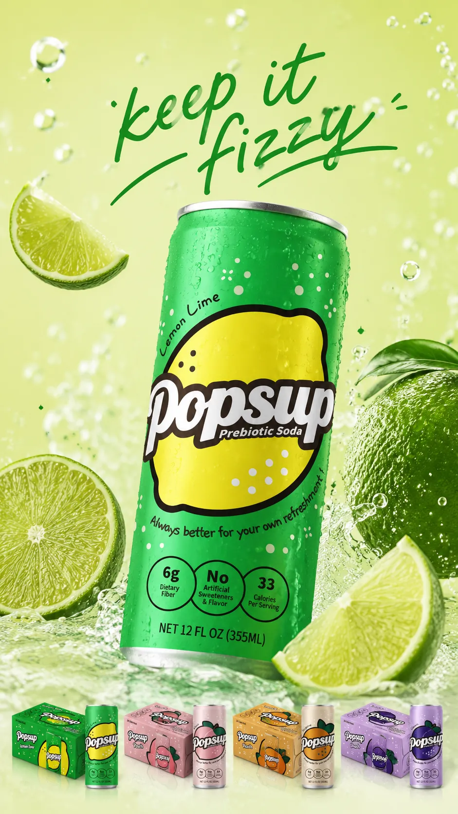 POPSUP brand art: meme fizz with fruit, fizz, bubbles, and playful soda graphics