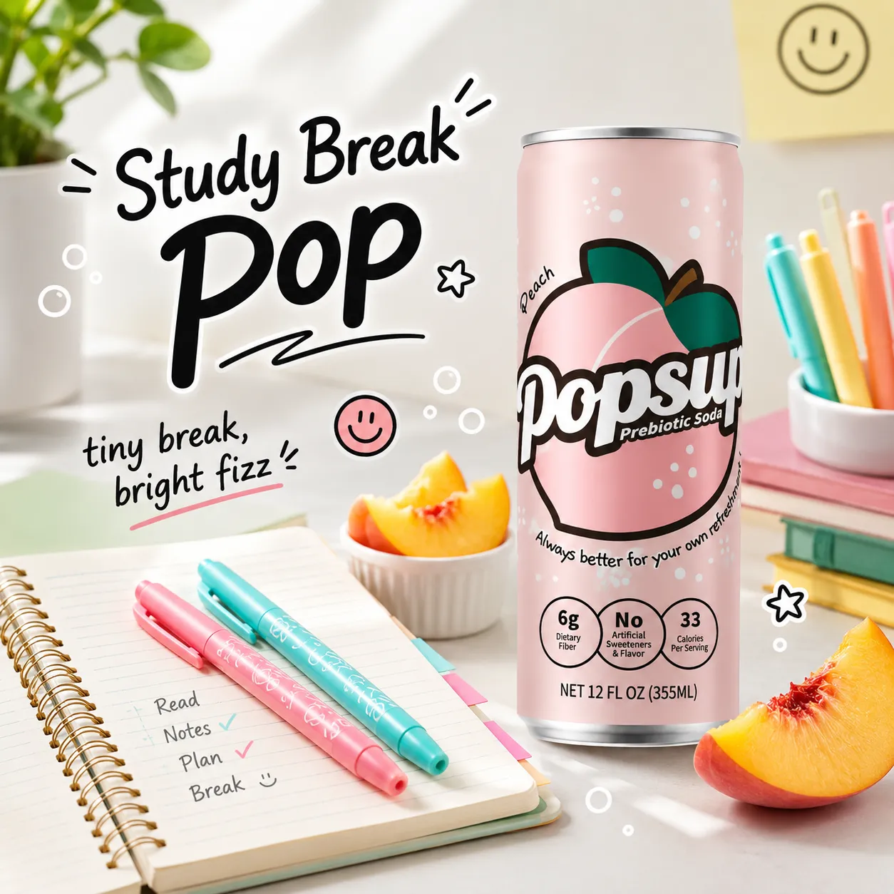 POPSUP brand art: stickers with fruit, fizz, bubbles, and playful soda graphics