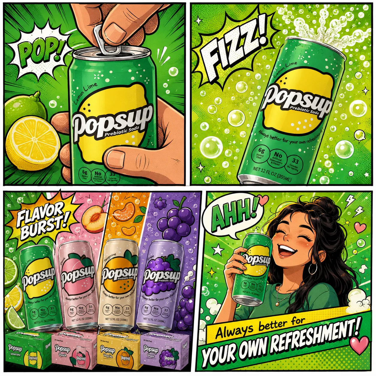 POPSUP brand art: lifestyle with fruit, fizz, bubbles, and playful soda graphics