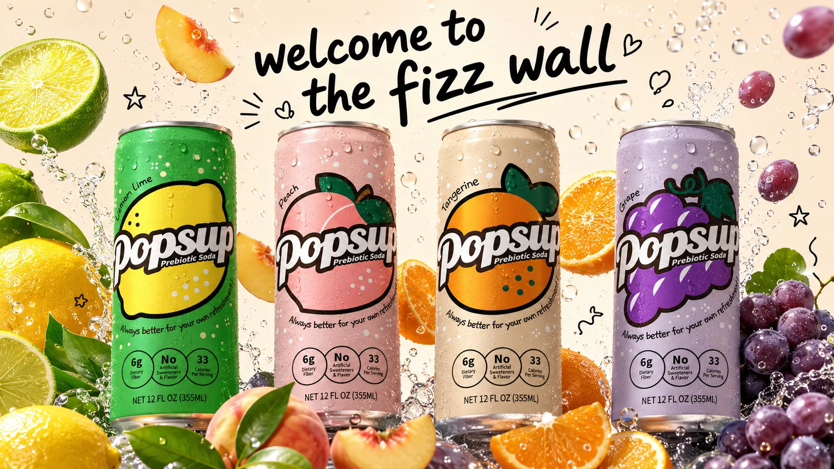 POPSUP brand art: posters with fruit, fizz, bubbles, and playful soda graphics