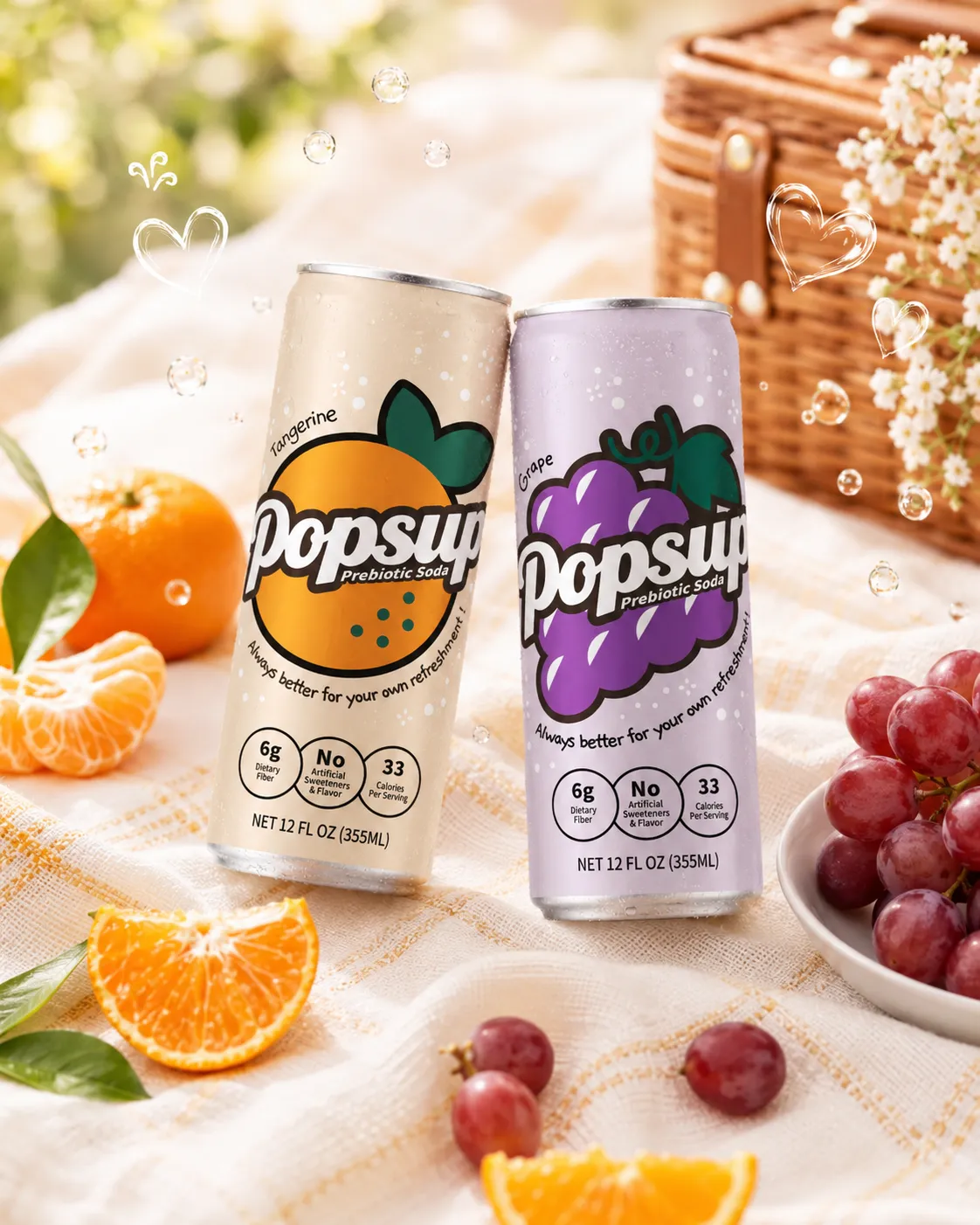 POPSUP brand art: social tiles with fruit, fizz, bubbles, and playful soda graphics
