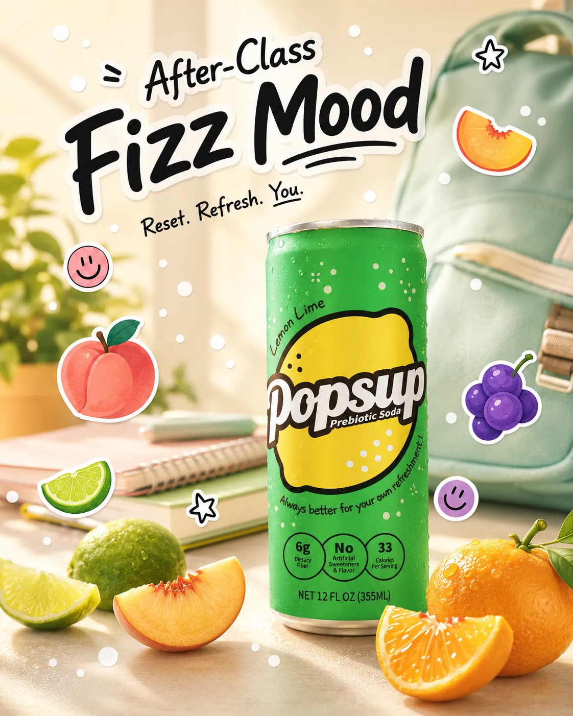 POPSUP brand art: meme fizz with fruit, fizz, bubbles, and playful soda graphics