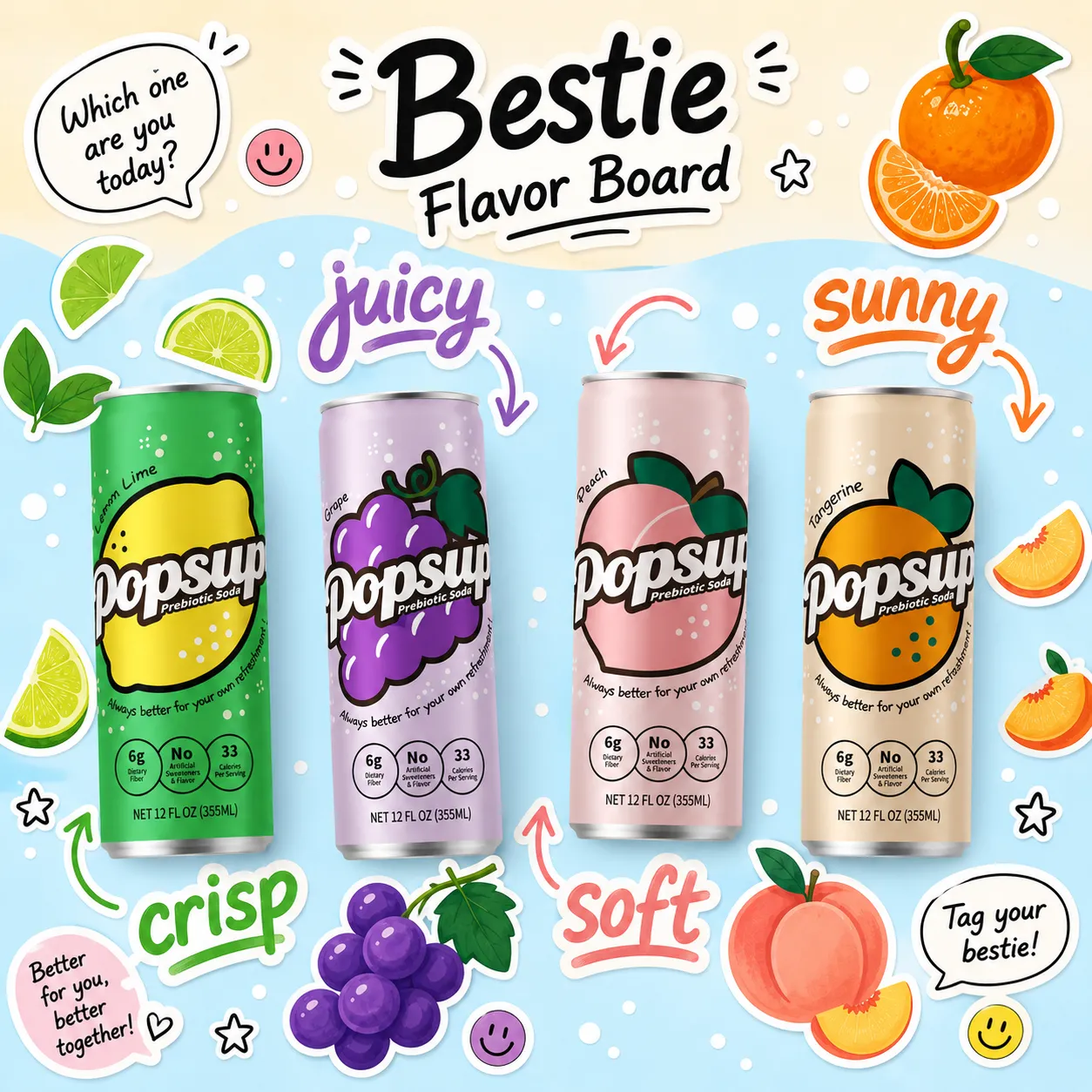 POPSUP brand art: posters with fruit, fizz, bubbles, and playful soda graphics