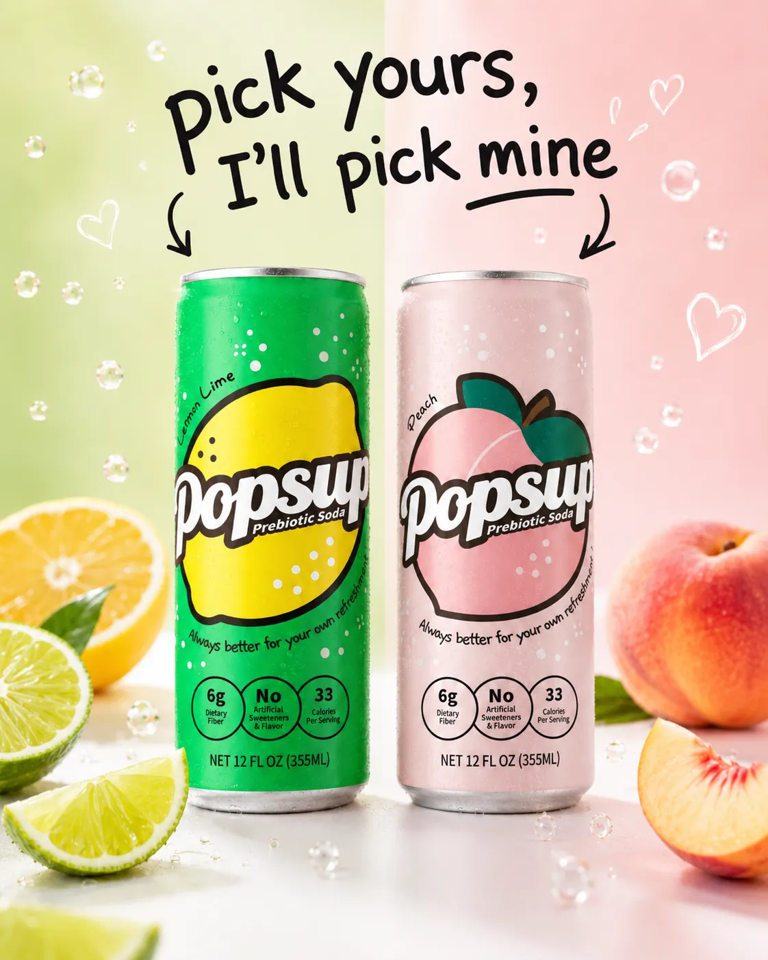 POPSUP brand art: social tiles with fruit, fizz, bubbles, and playful soda graphics