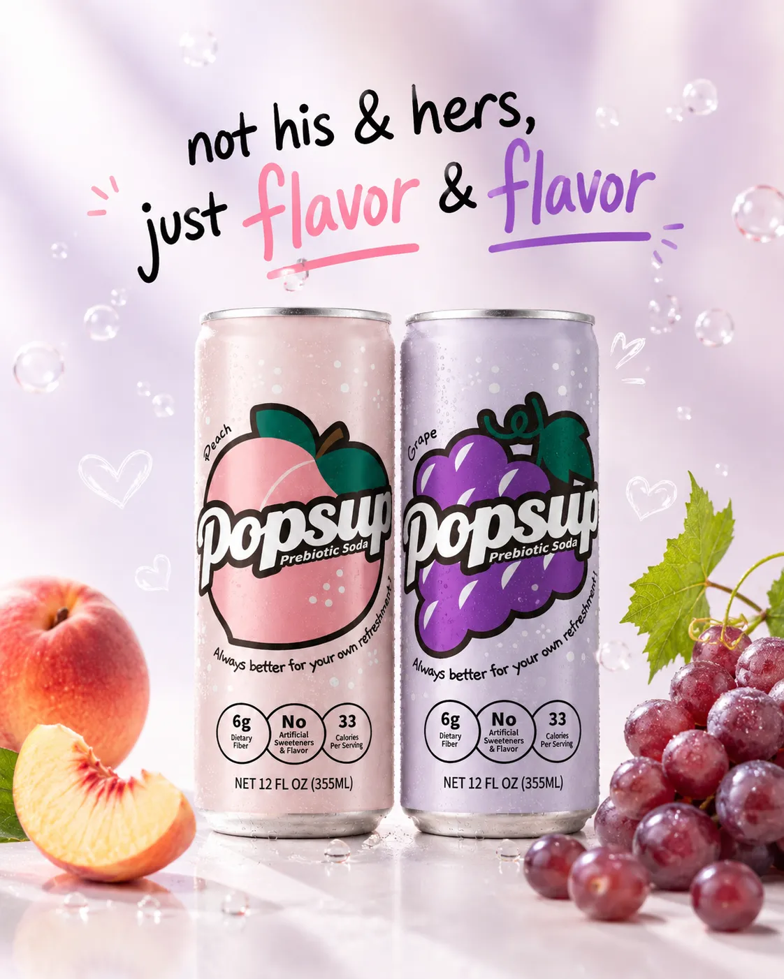 POPSUP brand art: flavor worlds with fruit, fizz, bubbles, and playful soda graphics