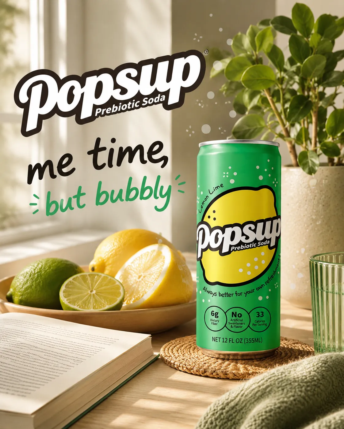 POPSUP brand art: meme fizz with fruit, fizz, bubbles, and playful soda graphics