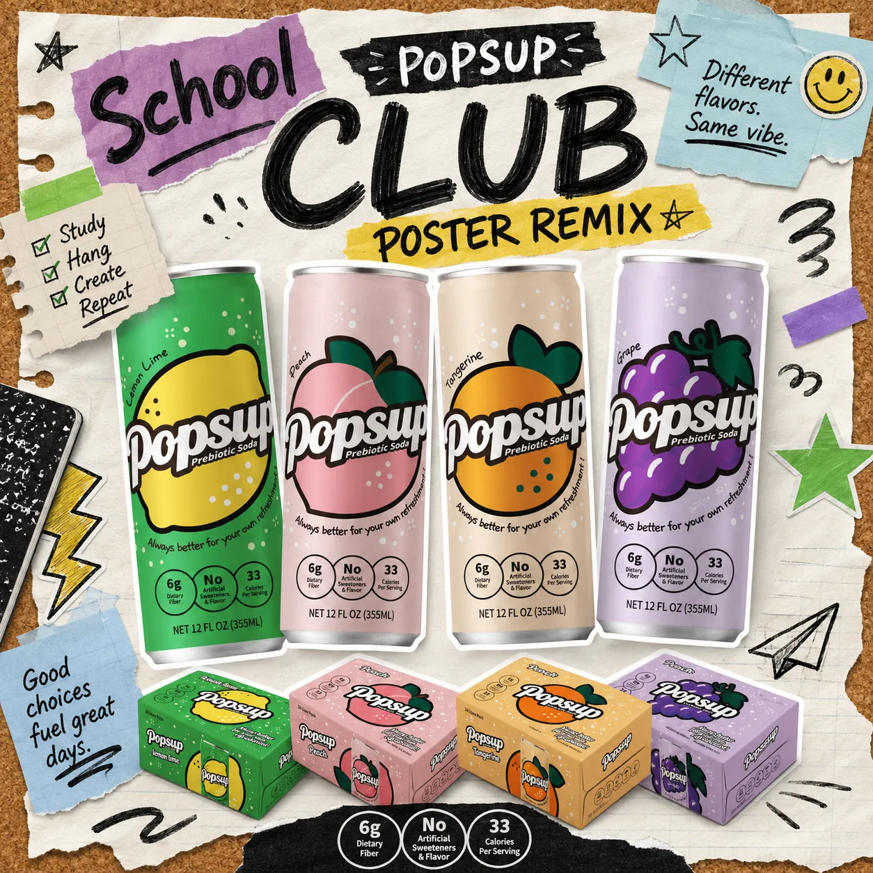 POPSUP brand art: lifestyle with fruit, fizz, bubbles, and playful soda graphics