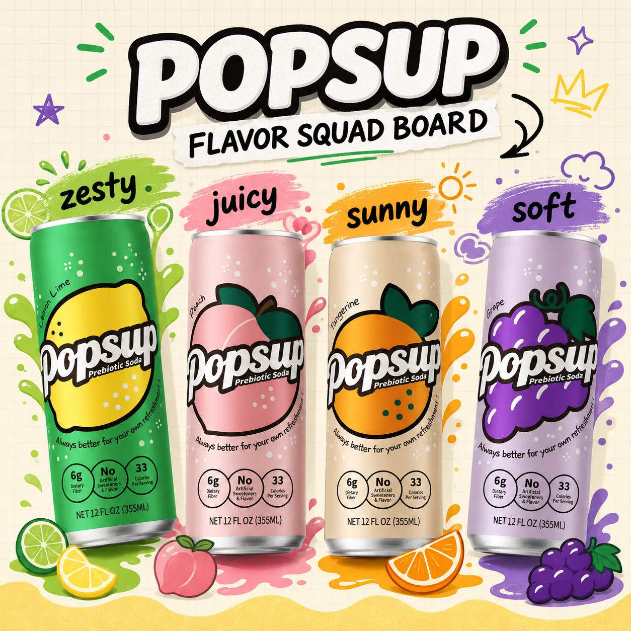 POPSUP brand art: stickers with fruit, fizz, bubbles, and playful soda graphics