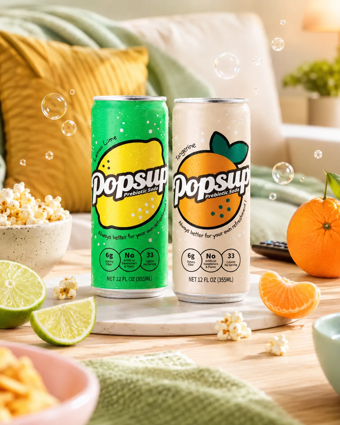 POPSUP brand art: campaigns with fruit, fizz, bubbles, and playful soda graphics