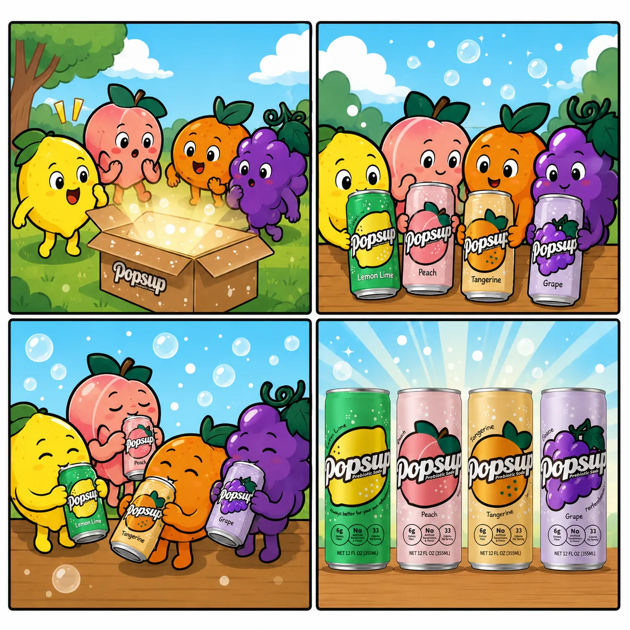 POPSUP brand art: stickers with fruit, fizz, bubbles, and playful soda graphics