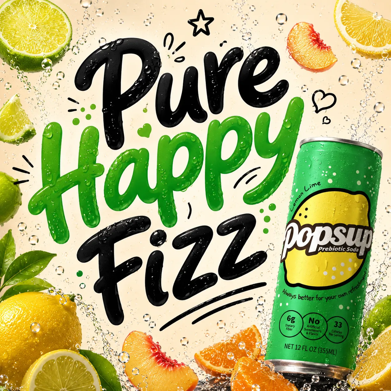 POPSUP brand art: social tiles with fruit, fizz, bubbles, and playful soda graphics