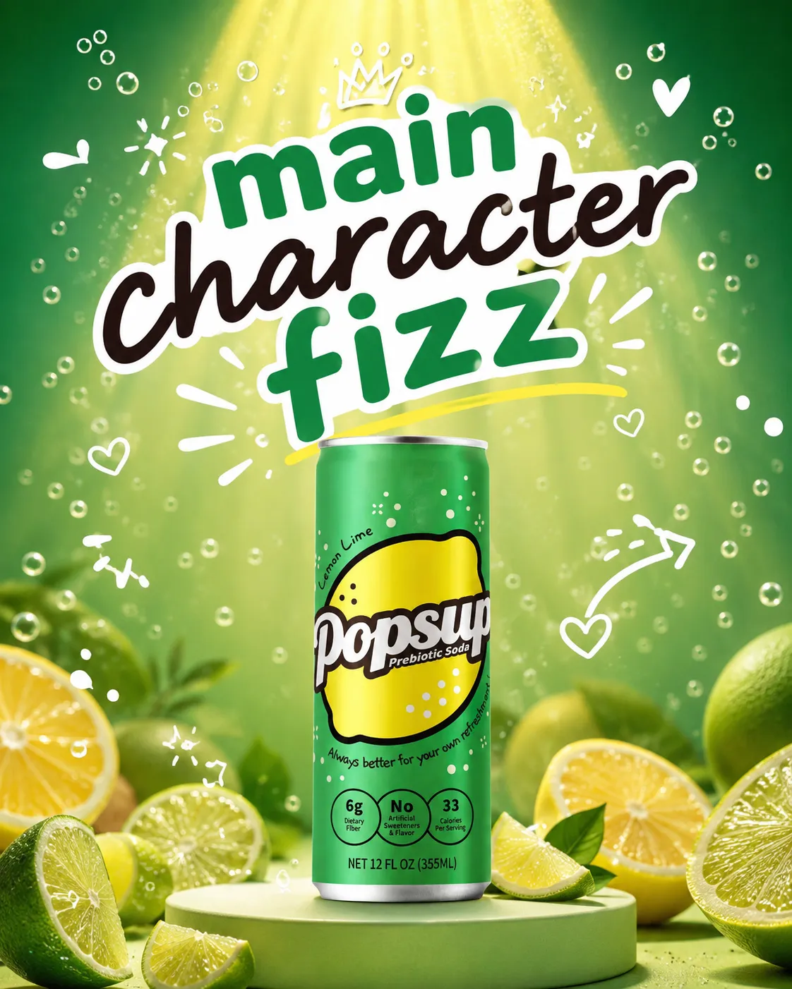 POPSUP brand art: campaigns with fruit, fizz, bubbles, and playful soda graphics