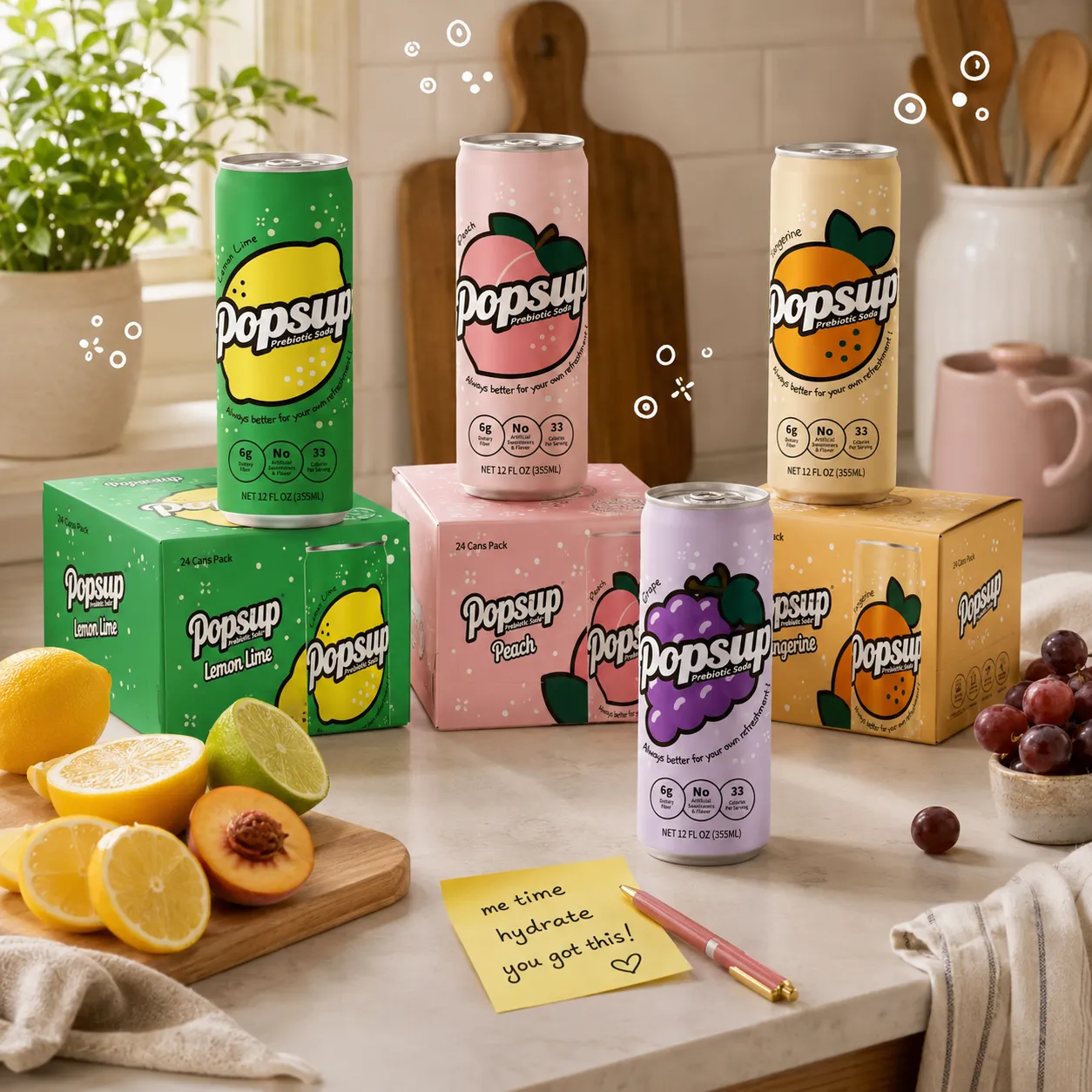 POPSUP brand art: meme fizz with fruit, fizz, bubbles, and playful soda graphics