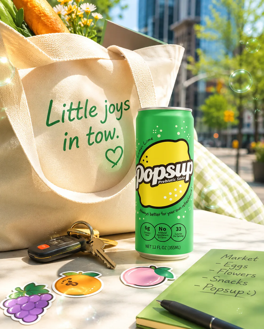 POPSUP brand art: lifestyle with fruit, fizz, bubbles, and playful soda graphics