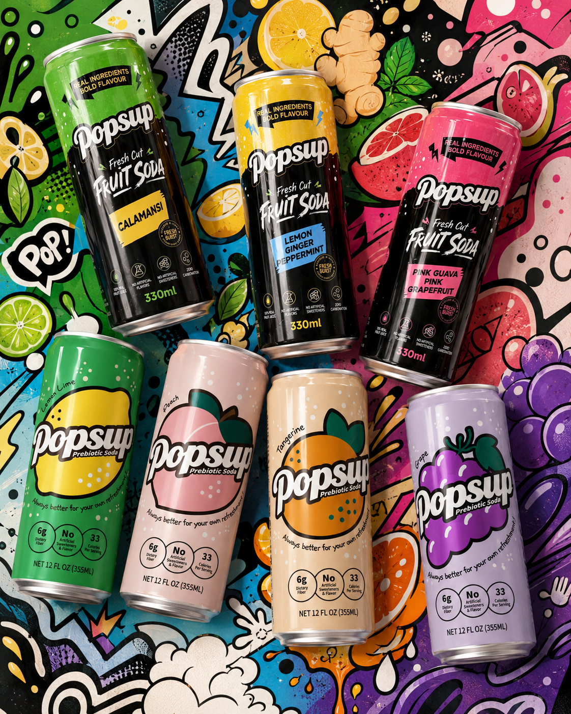All seven POPSUP products together in a bold, playful fruit-and-doodle Brand World collage.