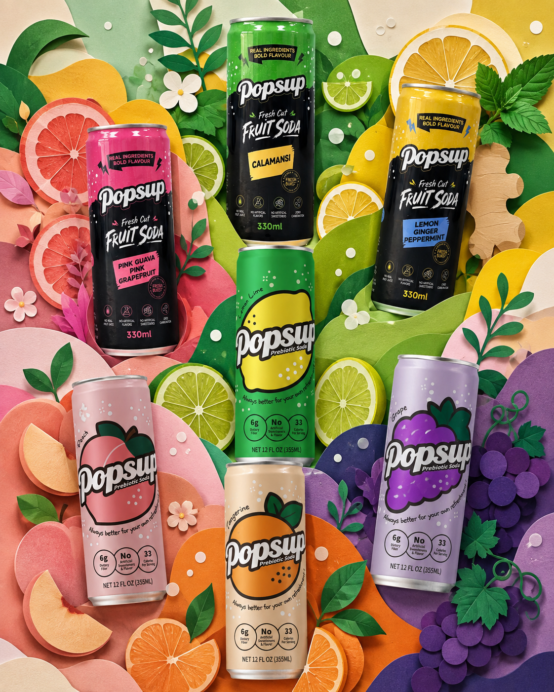 The full POPSUP lineup surrounded by colorful fruit, leaves, and playful bubble details.