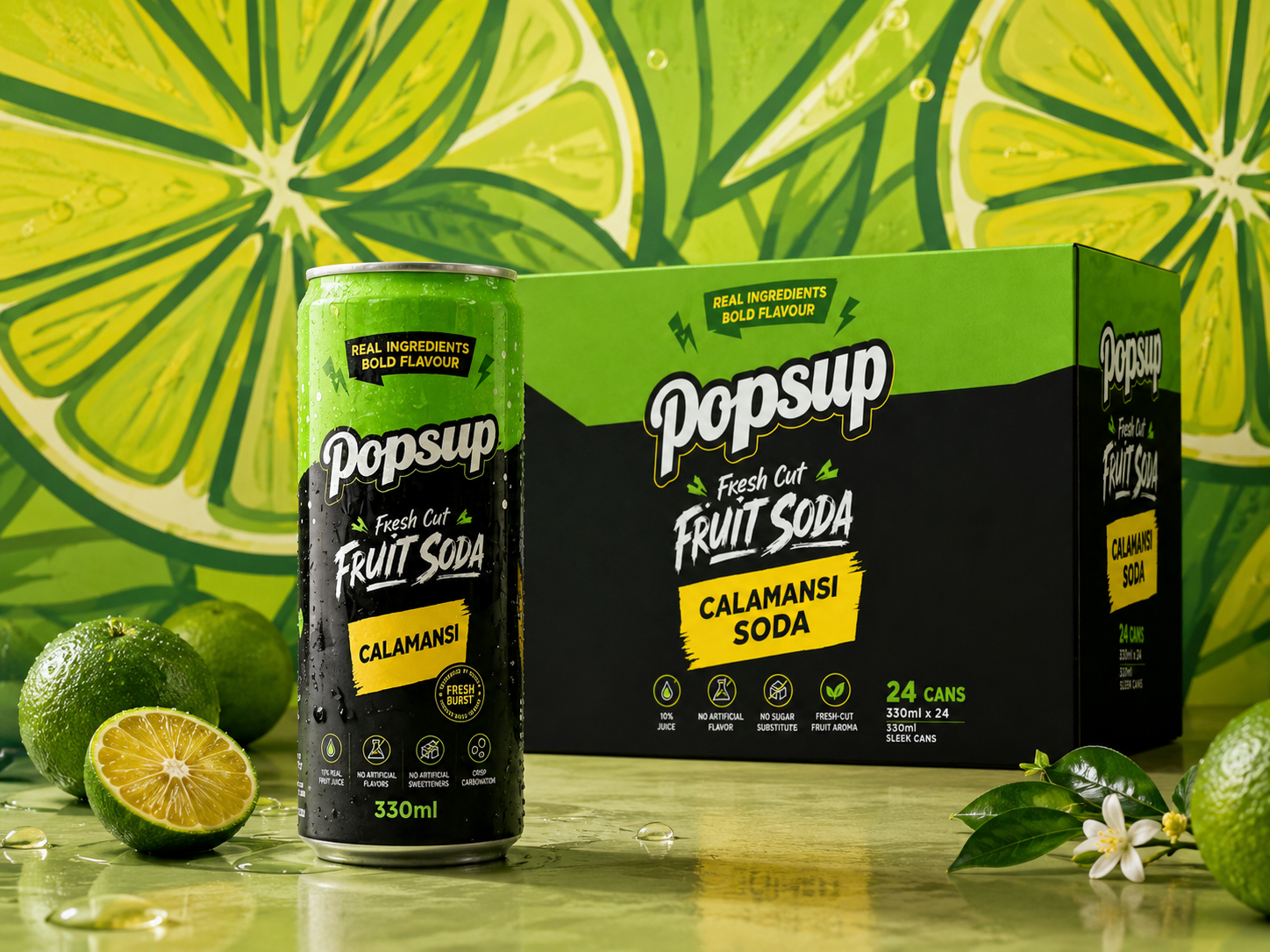 Calamansi Fresh Cut Fruit Soda can with its 24-can carton.