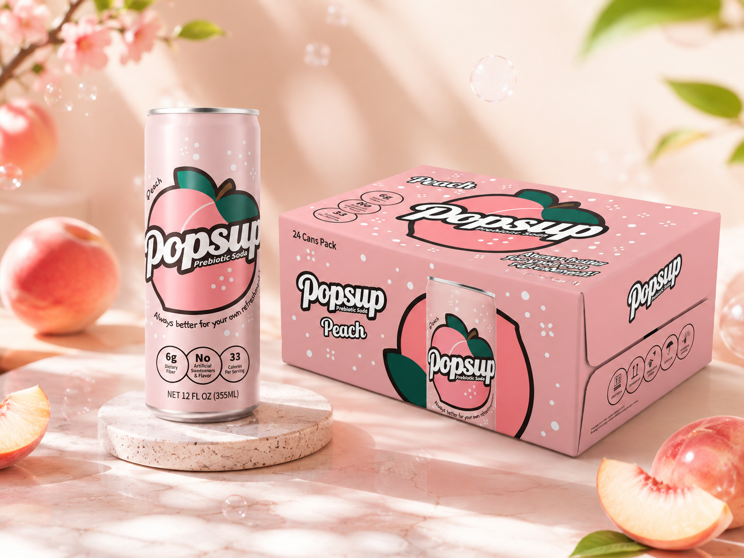 Peach Prebiotic Soda can with its 24-can carton.