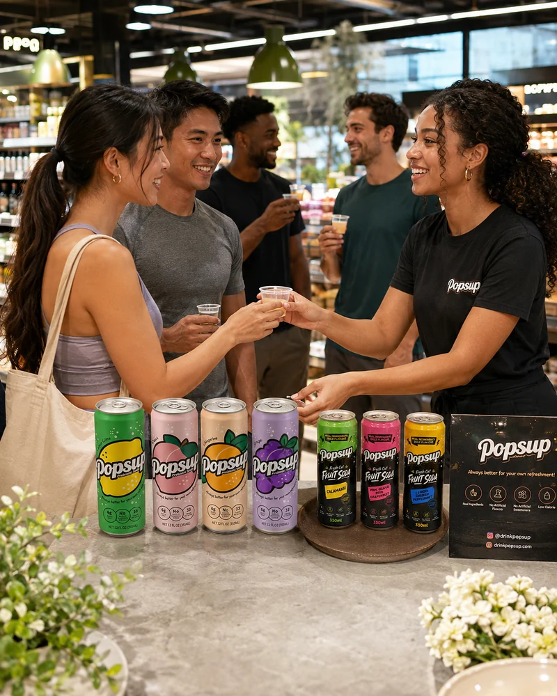 People discovering and sampling POPSUP together at a live event.