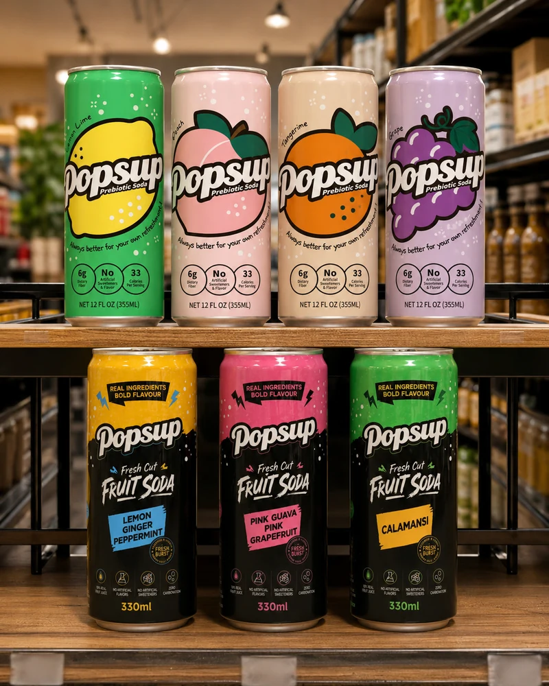 POPSUP cans standing out together on a bright retail shelf.