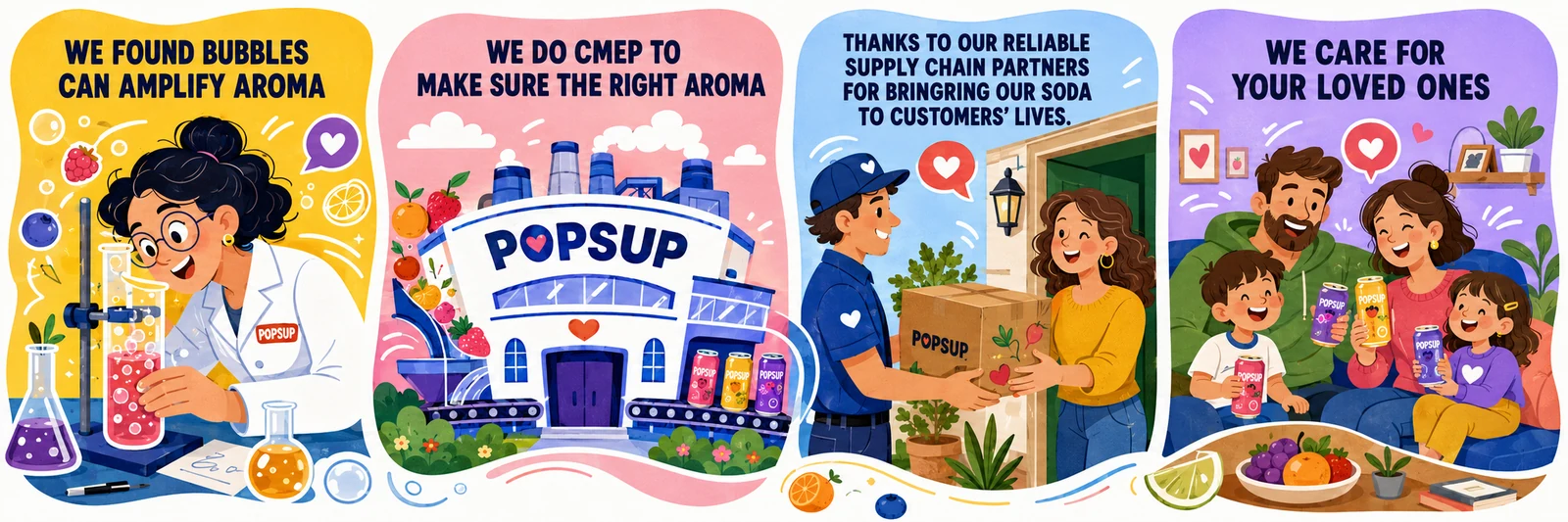 Illustrated POPSUP CMEP story showing natural fruit aroma carried through bright sparkling bubbles.