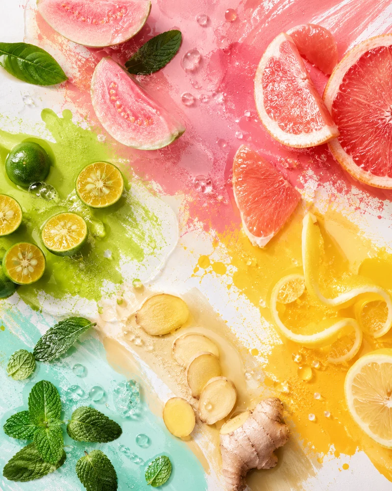 Fresh fruit being cut and peeled in a vivid POPSUP Cut, Peel, POP composition.