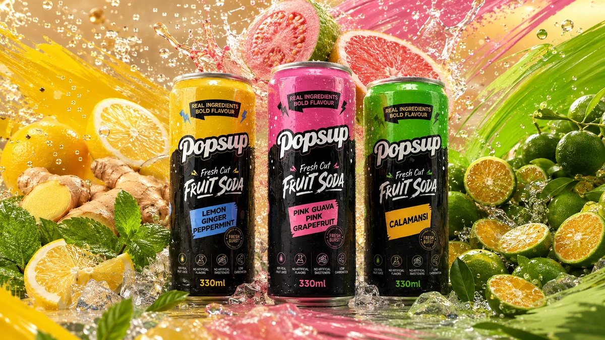 Fresh Cut Fruit Soda surrounded by bright color, fruit cues, and lively bubbles.