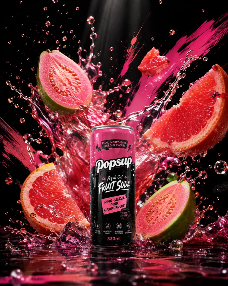 POPSUP Fresh Cut Pink Guava Pink Grapefruit with vivid pink fruit and lively bubbles.