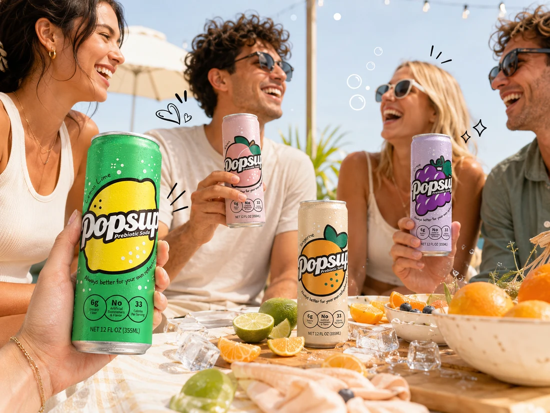 Friends sharing POPSUP Prebiotic Soda in a bright everyday table moment.
