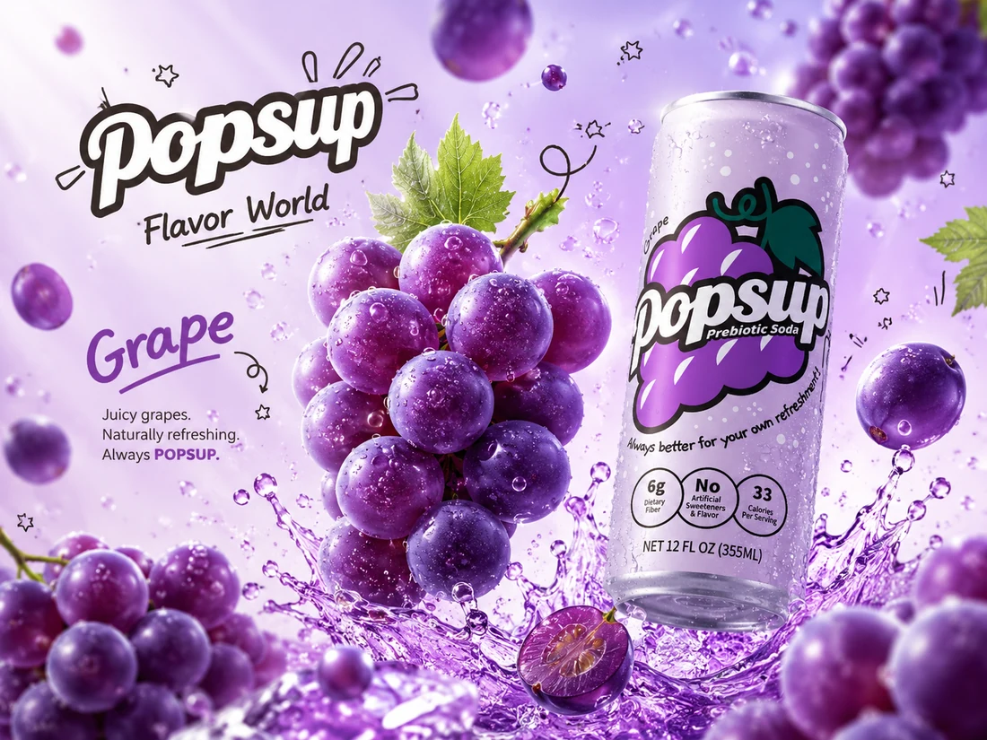 POPSUP Grape Prebiotic Soda in a rich grape flavor world with fruit and bubbles.