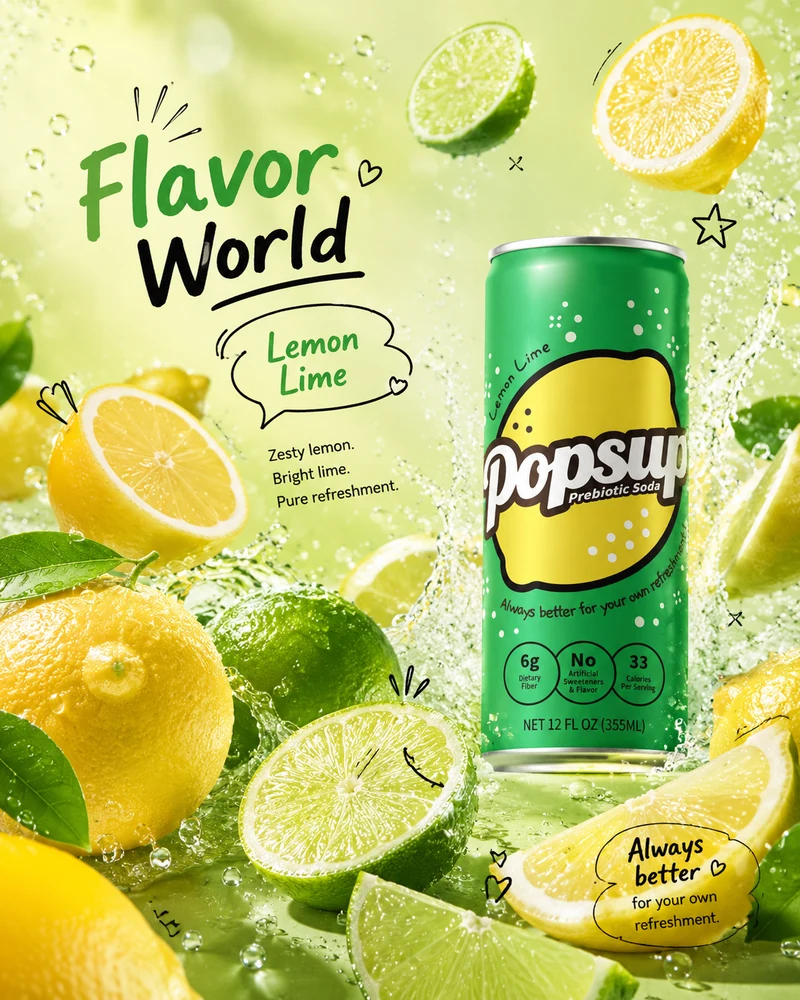POPSUP Lemon Lime Prebiotic Soda in a rich citrus flavor world with fruit and bubbles.