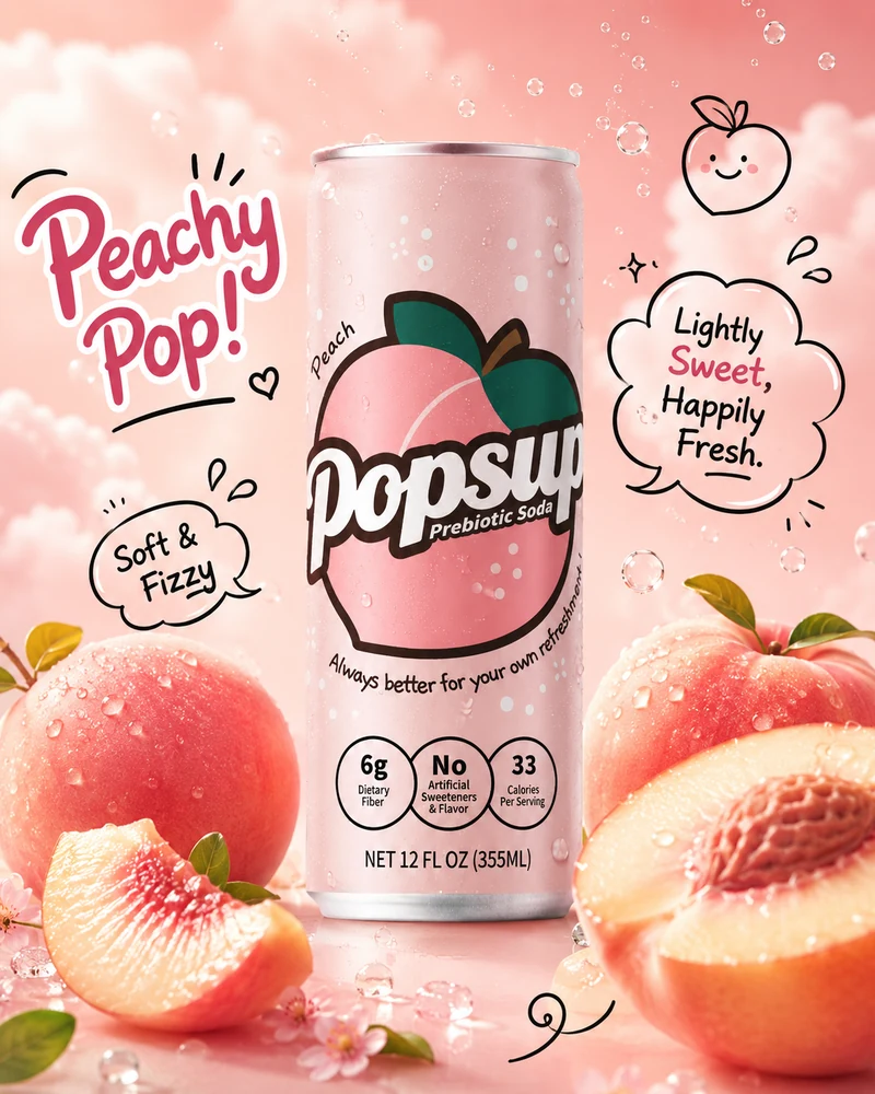POPSUP Peach Prebiotic Soda in a rich peach flavor world with ripe fruit and bubbles.