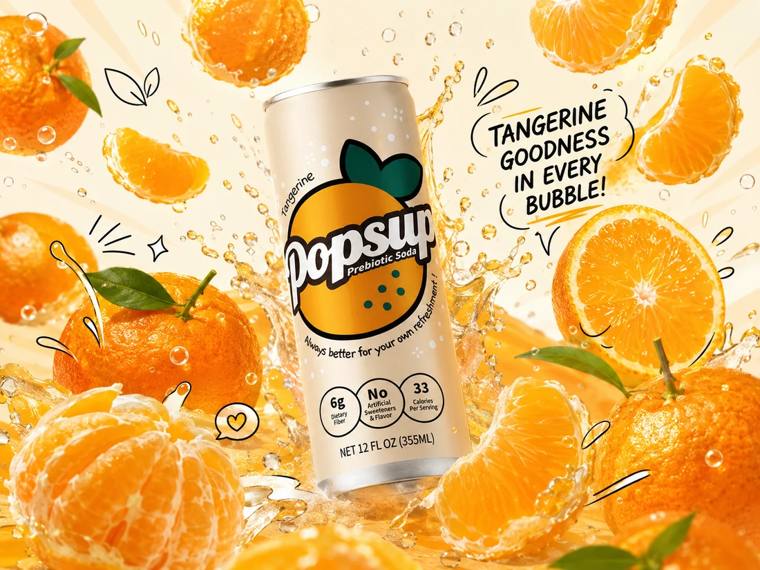 POPSUP Tangerine Prebiotic Soda in a rich citrus flavor world with fruit and bubbles.