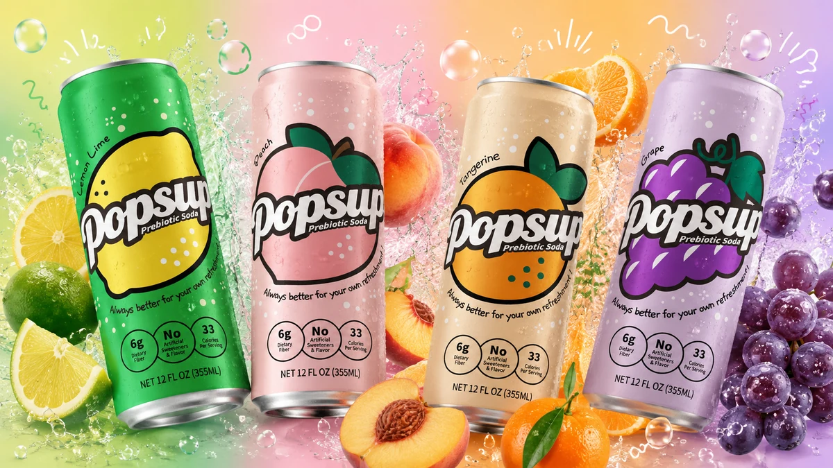 Four POPSUP Prebiotic Soda flavors surrounded by fruit and bright bubbles.