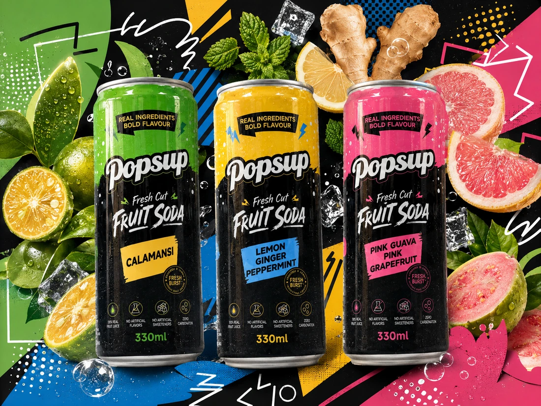 Three POPSUP Fresh Cut cans: Lemon Ginger Peppermint, Pink Guava Pink Grapefruit, and Calamansi.