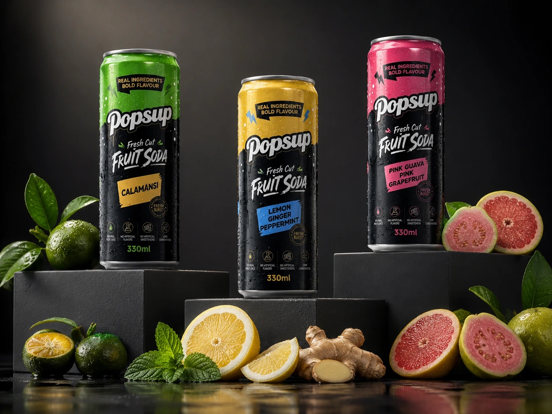 Three POPSUP Fresh Cut Fruit Soda cans.