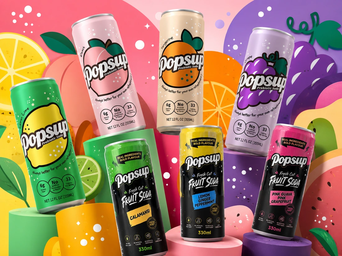 Seven POPSUP products across Prebiotic Soda and Fresh Cut Fruit Soda in a colorful fruit world.