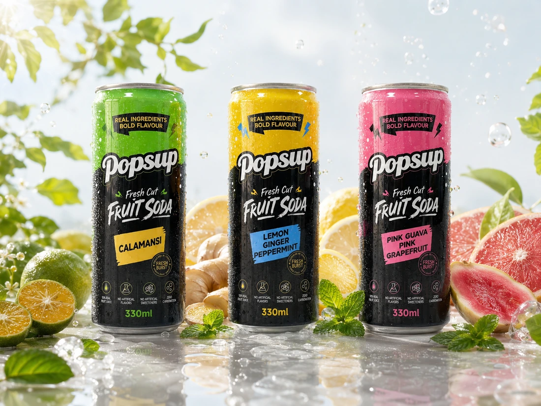 Three POPSUP Fresh Cut Fruit Soda cans.
